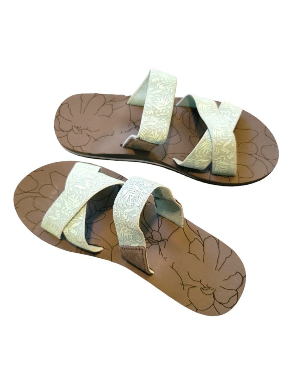 Green Sandals Floral Elastic Straps Grey Soles Woman's Size 5 NEW JJ3365